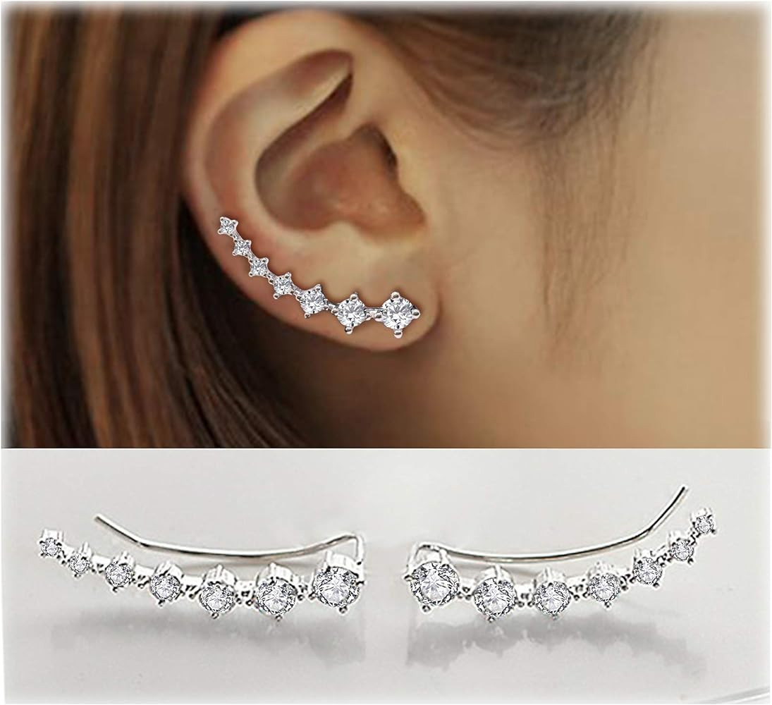 Sterling Silver 7 Crystals Ear Cuffs Climber Cartilage Earrings Dainty Trendy Jewelry Hypoallerge... | Amazon (US)