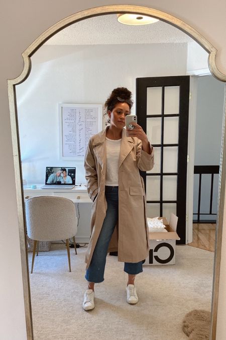Tan trench coat outfit! Cut the hem of the straight leg H&M jeans to make them cropped. Paired with a white T and sneakers for an effortless daytime look! 

#LTKstyletip #LTKunder100 #LTKSeasonal