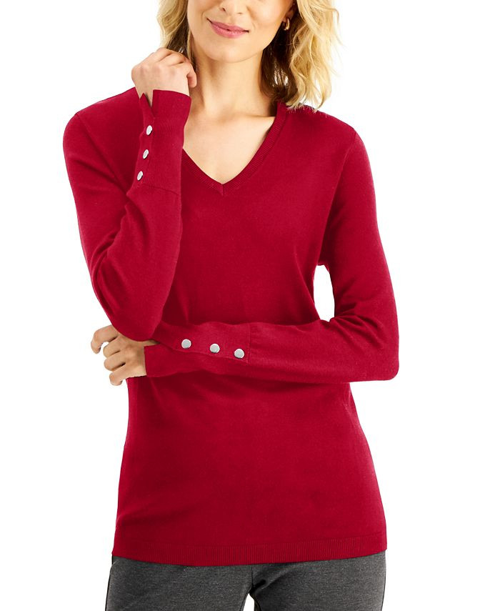 JM Collection Button-Cuff V-Neck Sweater, Created for Macy's & Reviews - Sweaters - Women - Macy'... | Macys (US)