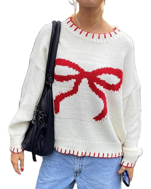 Women Cute Bow Sweater Long Sleeve Bow Front Knitted Pullover Oversized Jumper Ribbed Knitwear Y2... | Amazon (US)