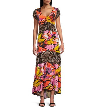 Animal Tulip Floral Mix Print Scoop Neck Cap Sleeve Six Tier Maxi Dress | Dillard's