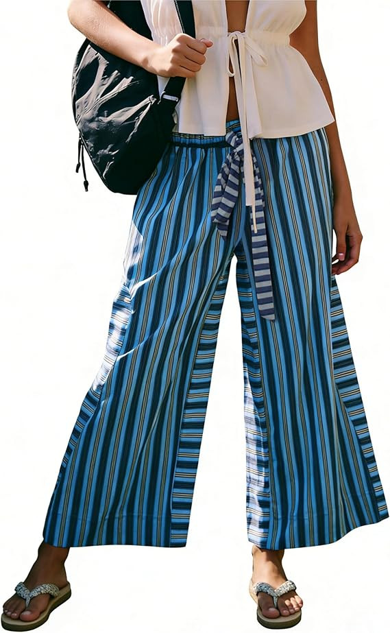 Bankeng Women Drawstring Striped Pants Loose Wide Leg Lounge Pants Casual Palazzo Pants Trousers ... | Amazon (US)