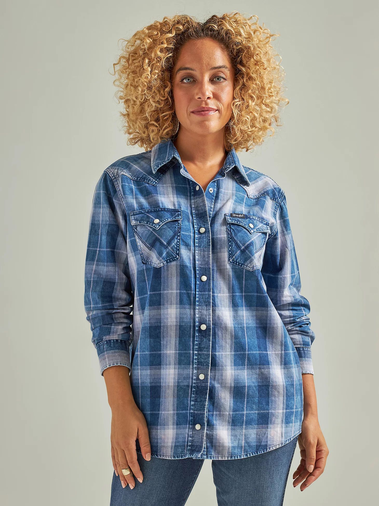 Women's Wrangler Long Sleeve Western Snap Plaid Denim Shirt in Blue Plaid | Wrangler