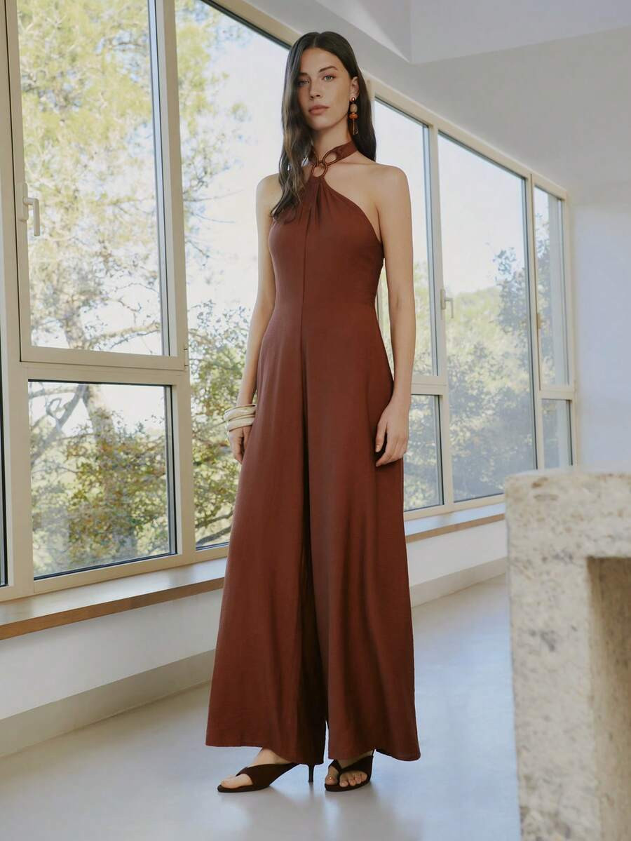 Nöista Rust Brown,Summer,Elegant,Party Night Women's Minimalist Loose Wide-Leg Jumpsuit,Halter N... | SHEIN