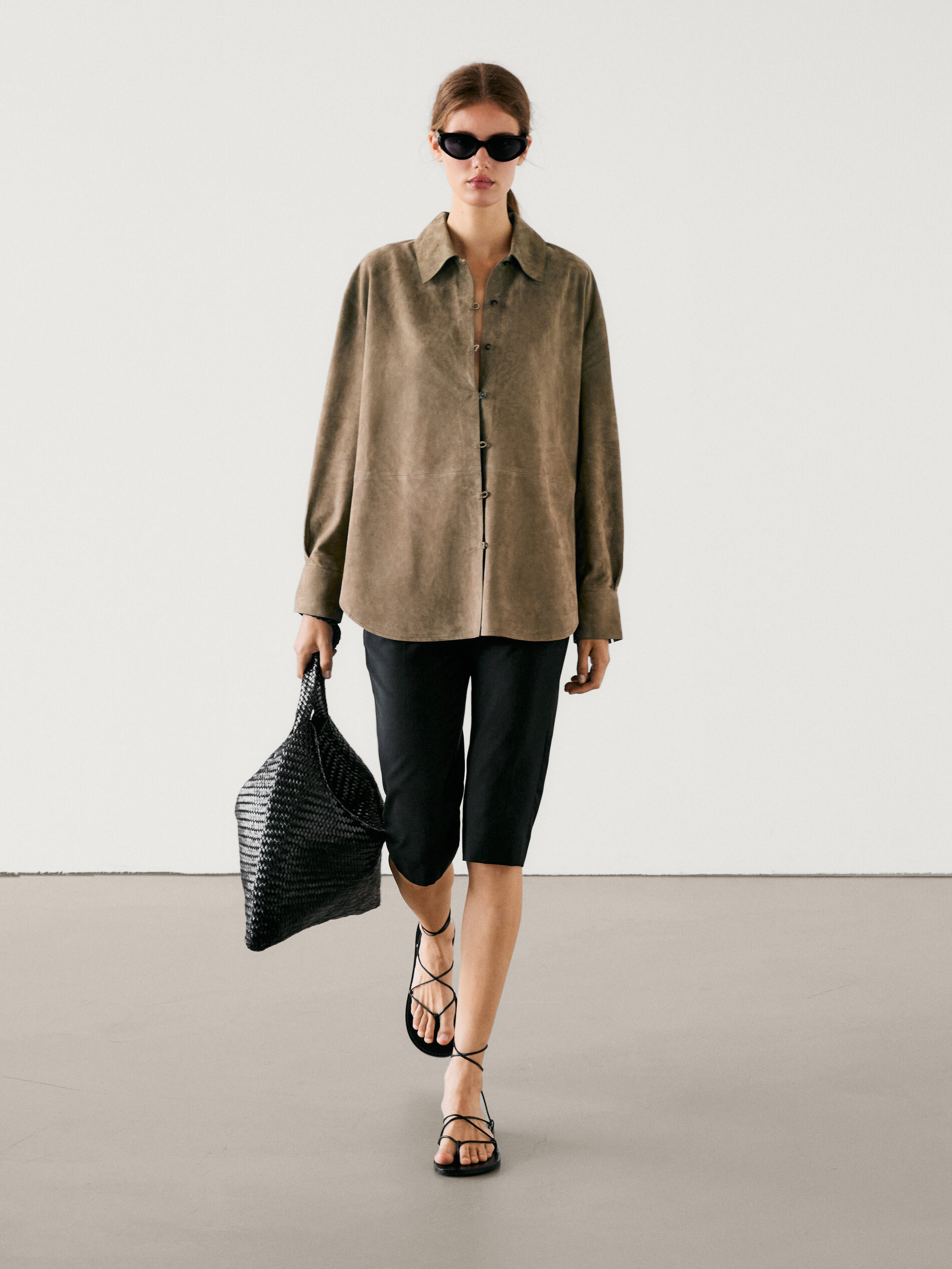 Suede leather buttoned shirt | Massimo Dutti US