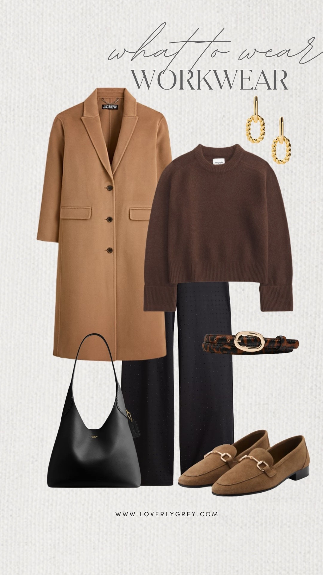 Loverly Grey, what to wear to work! A dark brown sweater paired with black slacks and a camel colored J.Crew coat! Add a pop of pattern with the cheetah belt and style it with loafers and a coach bag to complete the look. Loverly Grey, what to wear, workwear 

#LTKHoliday #LTKSeasonal #LTKgrwm