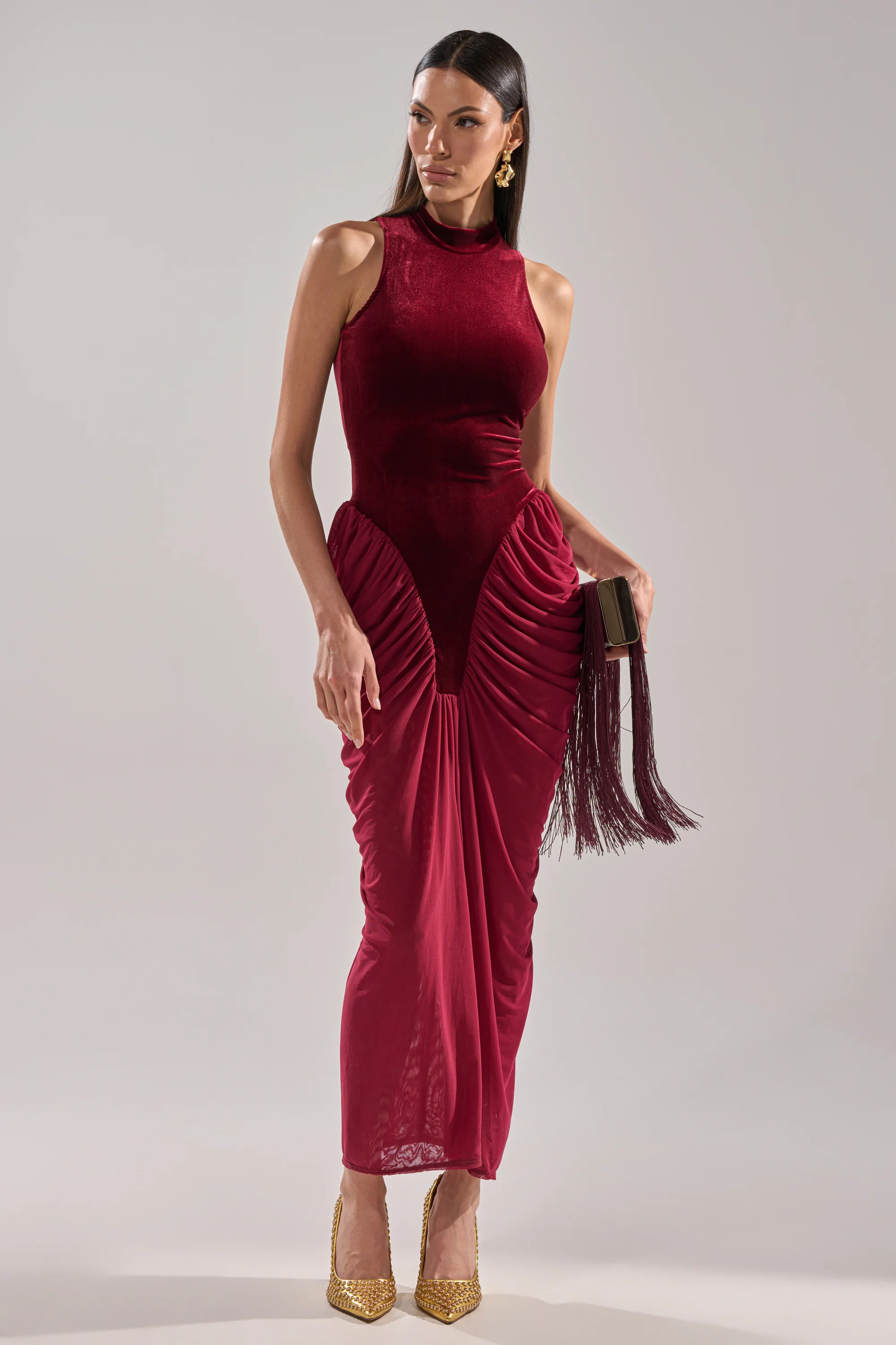 BABY ITS COLD OUTSIDE VELVET RUCHED MAXI DRESS | AKIRA