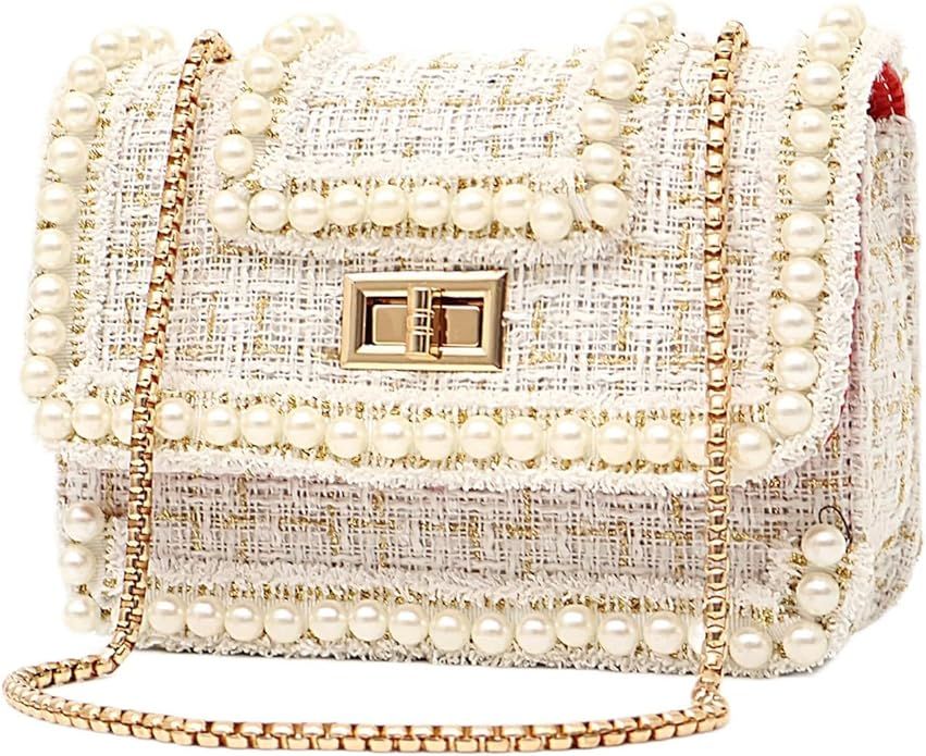 Women's Pearl Purses Handbag Fashion Top Handle Tweed Beaded Satchel Shoulder Bag Chain Crossbody... | Amazon (US)