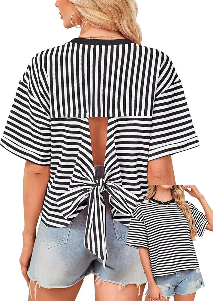 Womens Summer Tops Loose Fit Crewneck Short Sleeve Casual Striped T Shirts Bowknot Cutout Back Ti... | Amazon (US)
