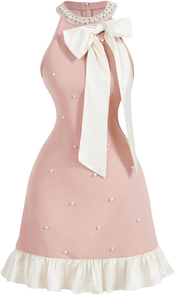 Floerns Women's Cute Bowknot Halter Dress Pearl Beaded Ruffle Hem Party Mini Dresses | Amazon (US)