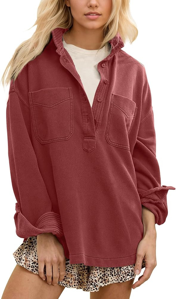Gacaky Sweatshirt for Women Oversized Casual Long Sleeve Polo V Neck Split Pullover Tops Fashion ... | Amazon (US)