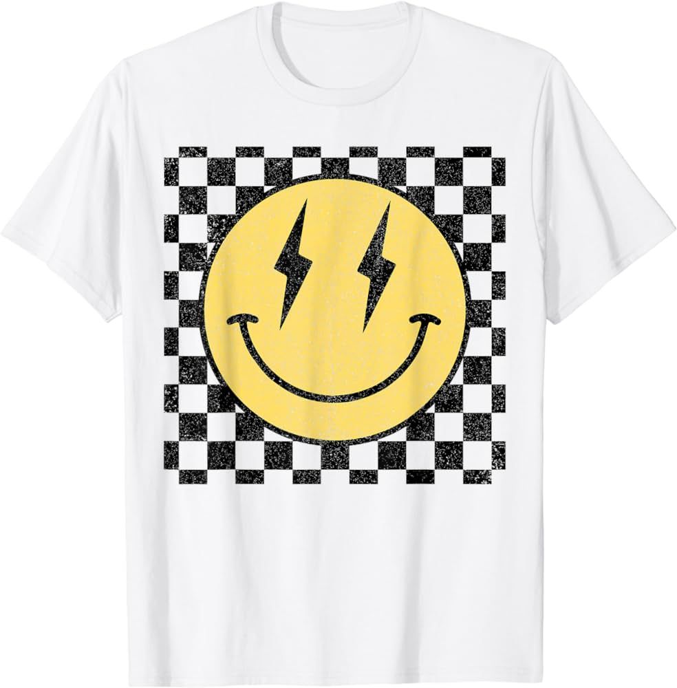 Retro Happy Face Shirt Checkered Pattern Smile Face Trendy T-Shirt | Amazon (US)