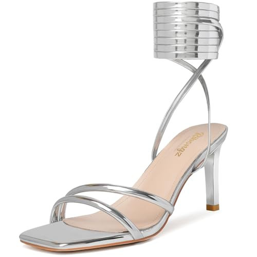 RIBONGZ Silver Strappy Heels for Women Lace Up Kitten Heeled Sandals Tie Up Square Open Toe Stiletto High Heel Ankle Strap Heels Sexy for Wedding Prom Party Comfortable Dressy Shoes 9 | Amazon (US)