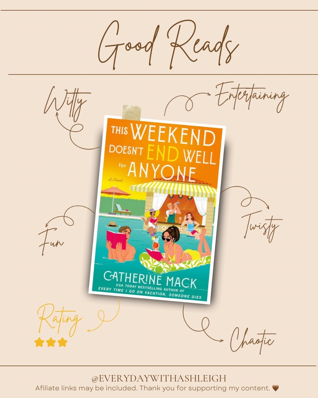Looking for your next cozy mystery? 📚✨ I just finished This Weekend Doesn’t End Well for Anyone by Catherine Mack, book 3 in the Eleanor Dash series. With a murder mystery conference, a dead body in a hotel room, plenty of humor, and a main character who breaks the fourth wall, this was such a fun listen! Read my full book review and thoughts on Everyday With Ashleigh.

Cozy mystery books, book recommendations, audiobook recommendations, mystery book review, Catherine Mack books, Eleanor Dash series, books to add to your TBR

#BookRecommendations #CozyMystery #BookReview #AudiobookRecommendations

#LTKstorytime #LTKHome #LTKdayinmylife