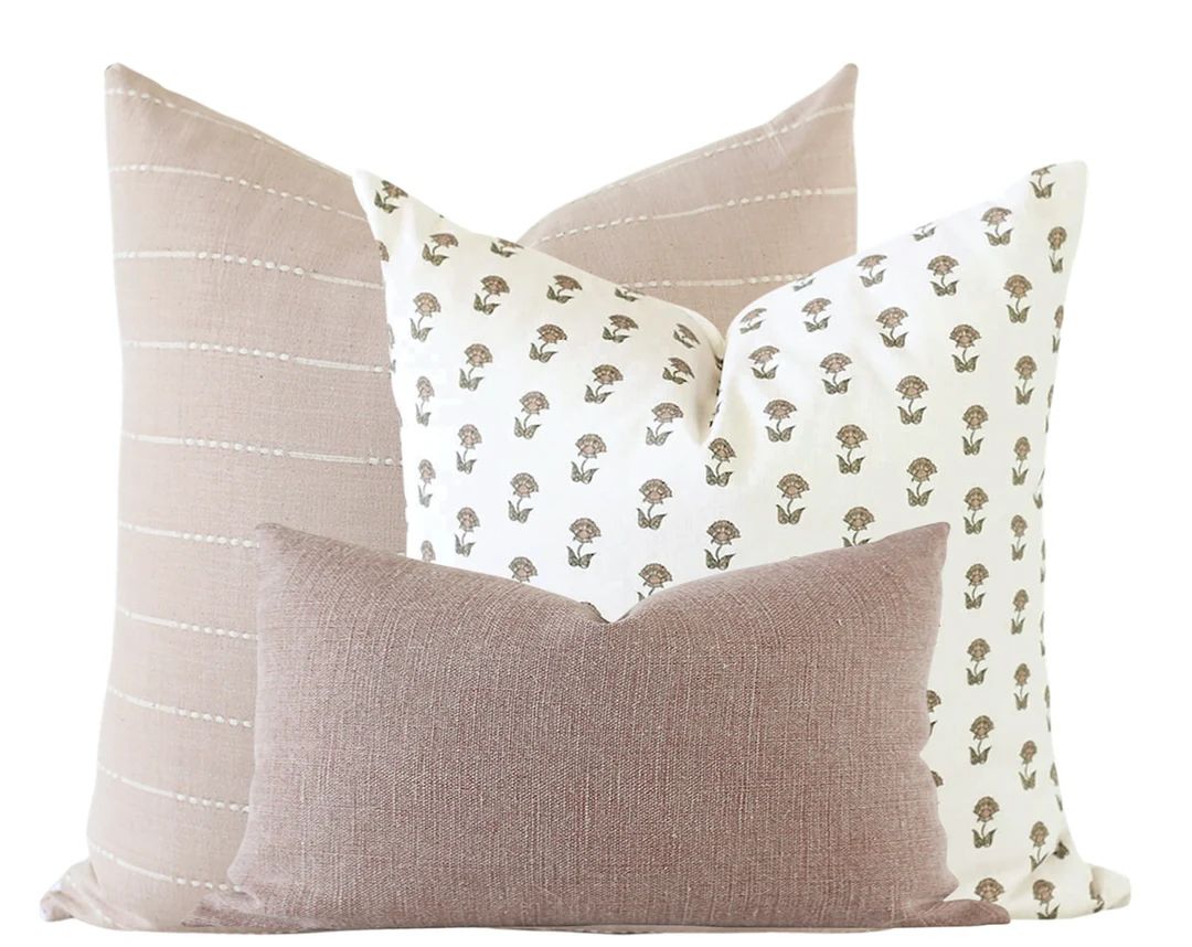 Pillow Combination Set, Floral Pillow Cover, Boho Pillow Cover, Clay Linen Pillow, Designer Pillo... | Etsy (US)