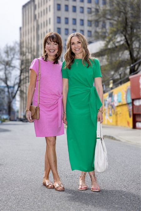 The must-have summer dress! The wrap side tie detail accentuates the waist and flatters every body type! We are both wearing size small. More colors available in both! Gap pink dress, Sezane green dress, summer outfit, graduation outfit, casual wedding, work outfit, vacation outfit, travel outfit, midi dress 

#LTKFindsUnder50 #LTKOver40 #LTKTravel