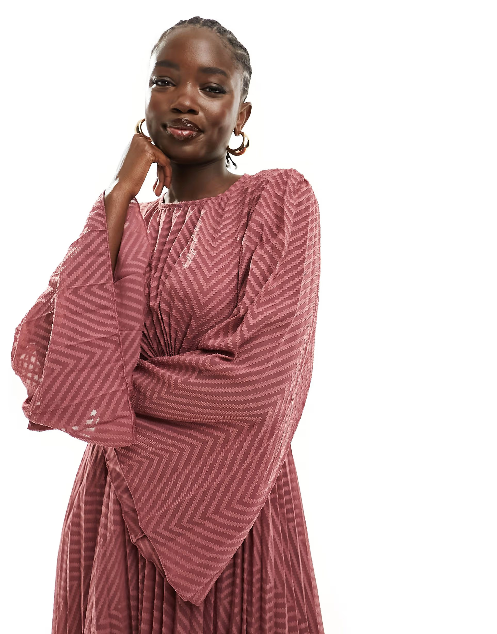 ASOS DESIGN tie back fluted sleeve pleated chevron chiffon midi dress in rose | ASOS | ASOS (Global)