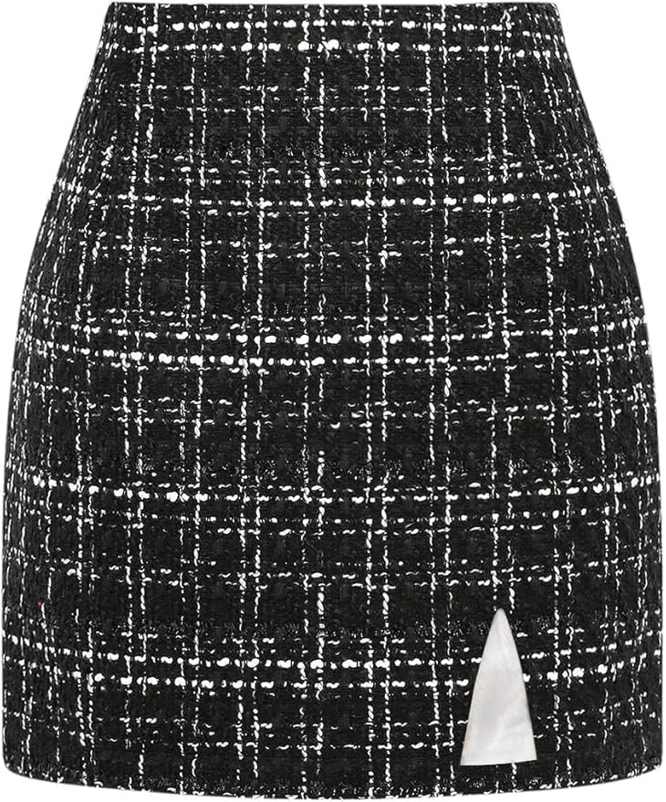 Plaid Mini Skirts for Womens High Waisted Fall Winter Wool Bodycon Pencil Skirts with Slit | Amazon (US)