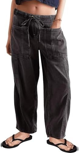 Buxitt Barrel Jeans for Women Stretch Elastic Waist Pull-on Wide Leg Baggy Pants Denim with Draws... | Amazon (US)