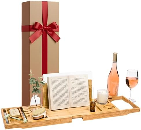 Waterproof Shield Keeps Your Book Open – Extendable Bamboo Bathtub Tray with Wine Glass Holder ... | Amazon (US)