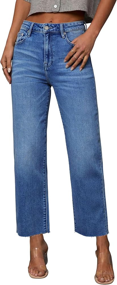 Allimy Womens Tummy Control High Waisted Straight Leg Jeans Stretchy Raw Hem Cropped Denim Pants | Amazon (US)