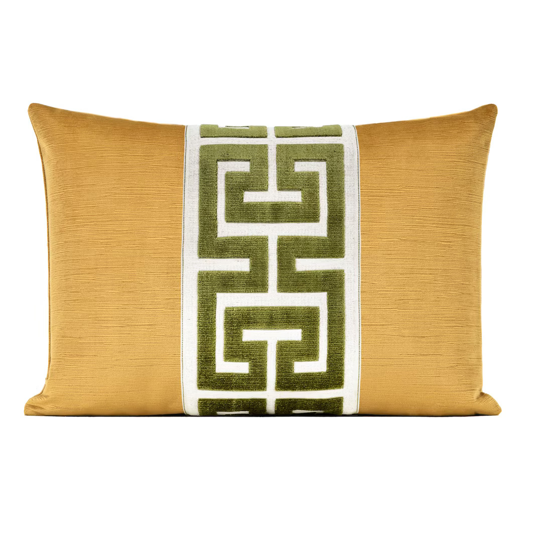 Striated Velvet Pillow Cover With Large Greek Key Trim | Gold Designer Velvet Throw Pillow Cover ... | Etsy (US)