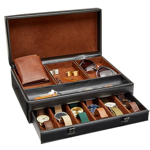 Juvale Faux Leather Mens Jewelry Box Organizer, Valet Tray for Watches (Black, 12.6 x 9 x 4 In) | Amazon (US)
