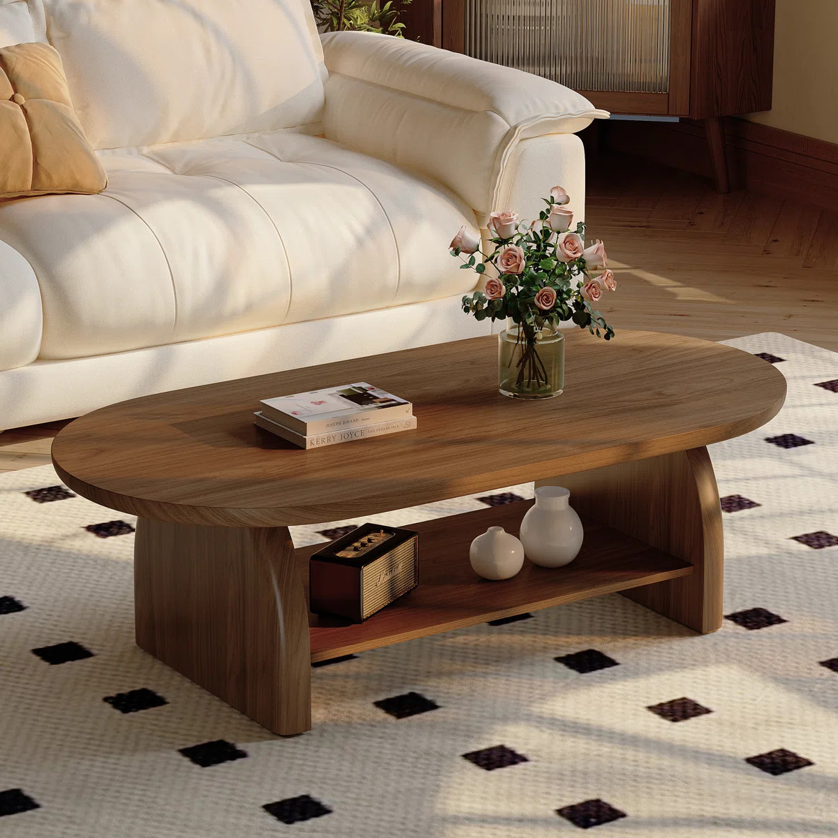 47.2" Oval Walnut Coffee Table With Storage Shelf, Mid-Century Modern Wooden Coffee Table With St... | Wayfair North America