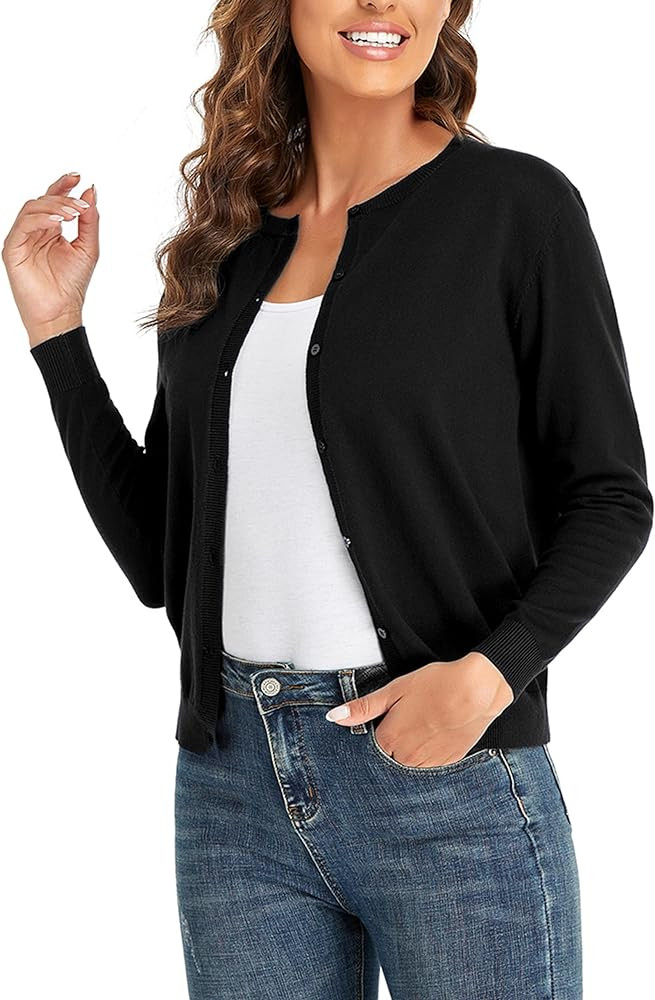 CUNYI Women's Crew Neck Cardigan Long Sleeve Sweater for Women Button Down Soft Knit Ladies Cardi... | Amazon (US)