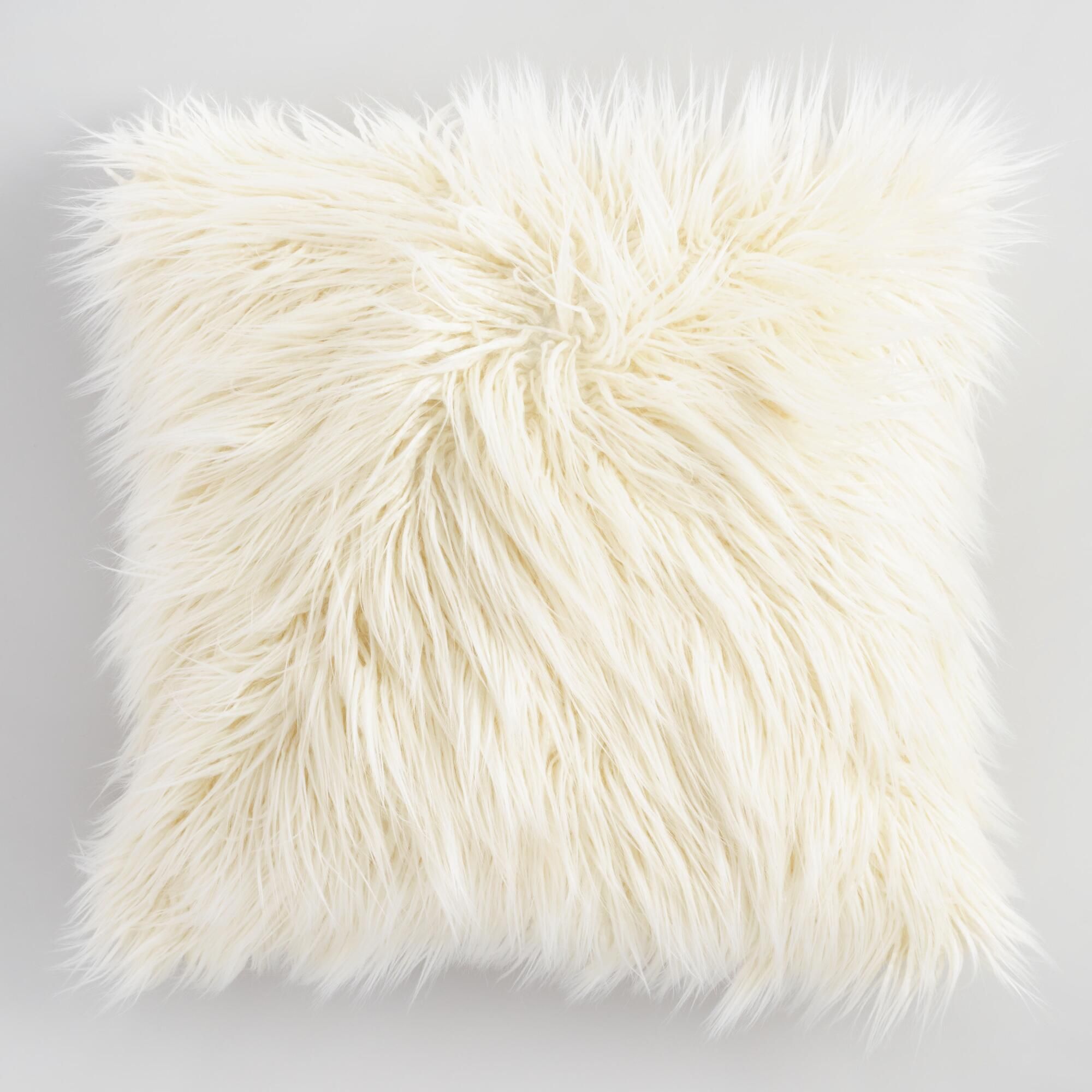 Ivory Mongolian Faux Fur Throw Pillow: White - 18" Square by World Market | World Market