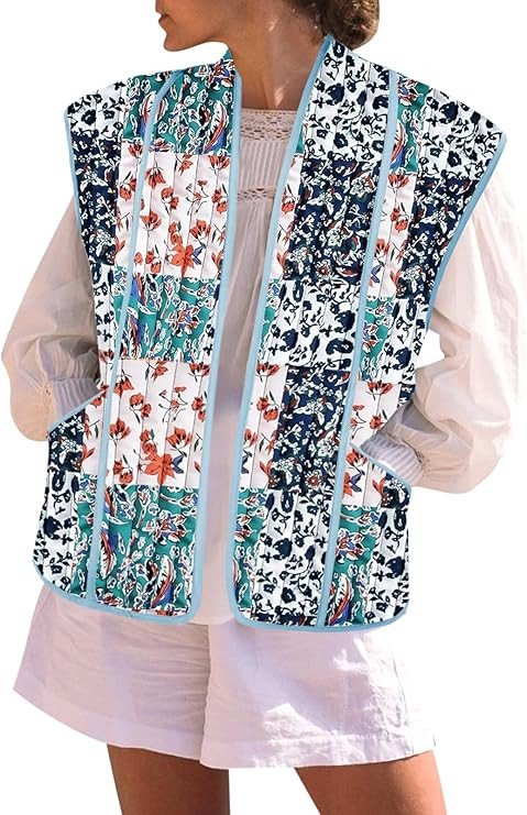 Tankaneo Womens Floral Quilted Vest Oversized Cropped Cap Sleeve Puffer Jacket Sleeveless Open Fr... | Amazon (US)