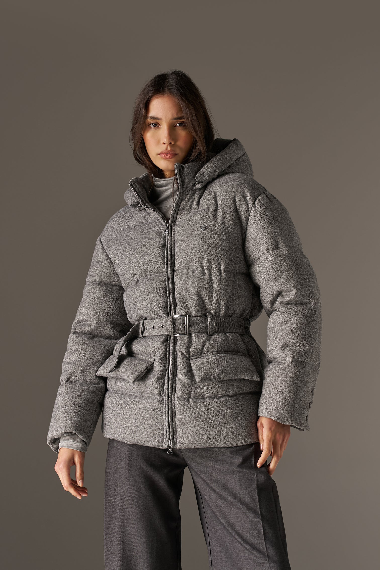 WOVEN BELTED PUFFER COAT - GREY | The Couture Club