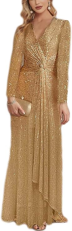 meilun Long Sleeve Sequin Dress for Women Formal Gowns Sparkly V Neck Maxi Dress | Amazon (US)