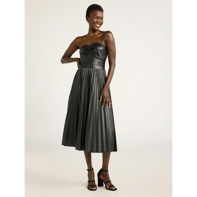 Scoop Women's Ultimate Faux Leather Strapless Pleated Midi Dress, Sizes XS-XXL | Walmart (US)