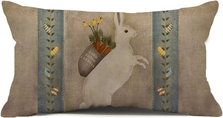 Easter Bunny Lumbar Pillow Cover 12x20 Inch, Vintage Carrot Eucalyptus Leaf Easter Eggs Throw Pil... | Amazon (US)