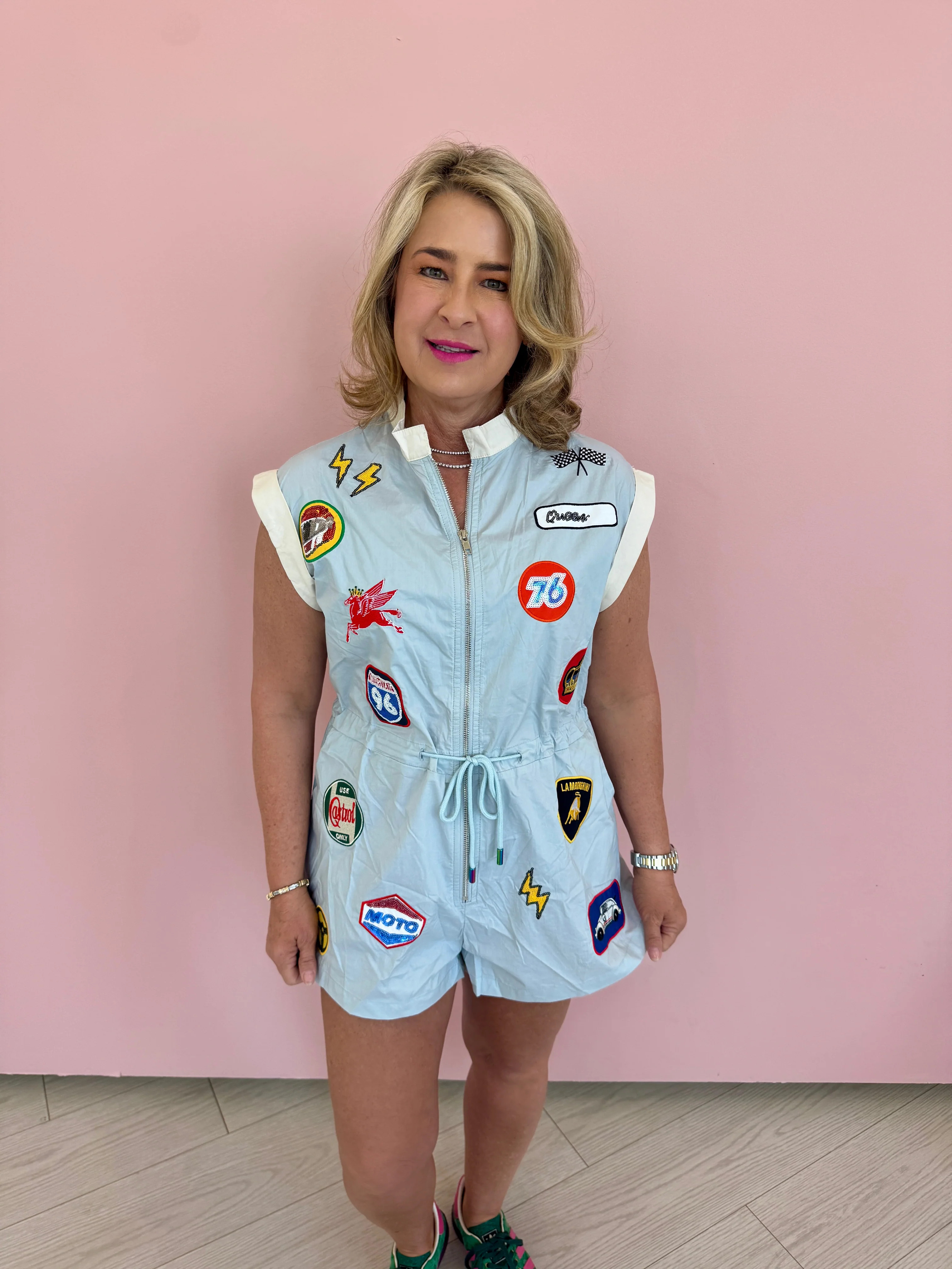 Chambray Nascar Patch Tie Romper Large | Extremely Refined Boutique