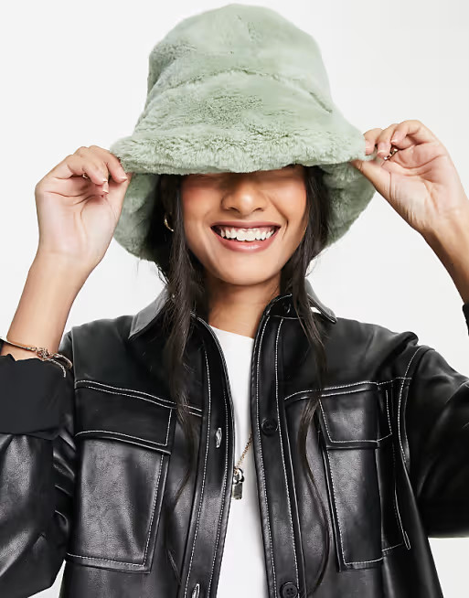 ASOS DESIGN faux fur roll back bucket hat in sage | ASOS (Global)