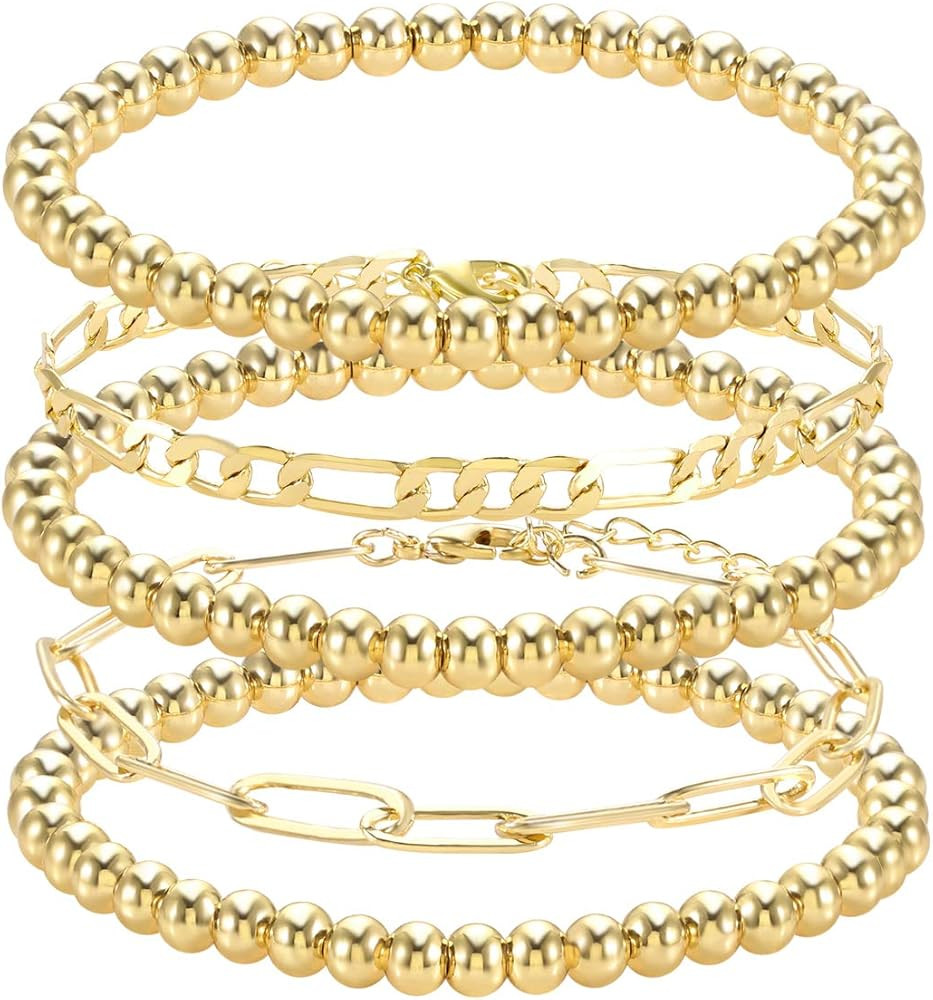 Beaded Bracelets for Women Stack Stretch Gold Silver Small Ball Beads Bracelets Dainty Paperclip ... | Amazon (US)