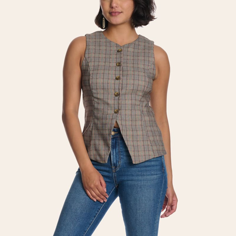 Moa Moa Women's Gray Tweed Plaid Print Vest | Cavender's