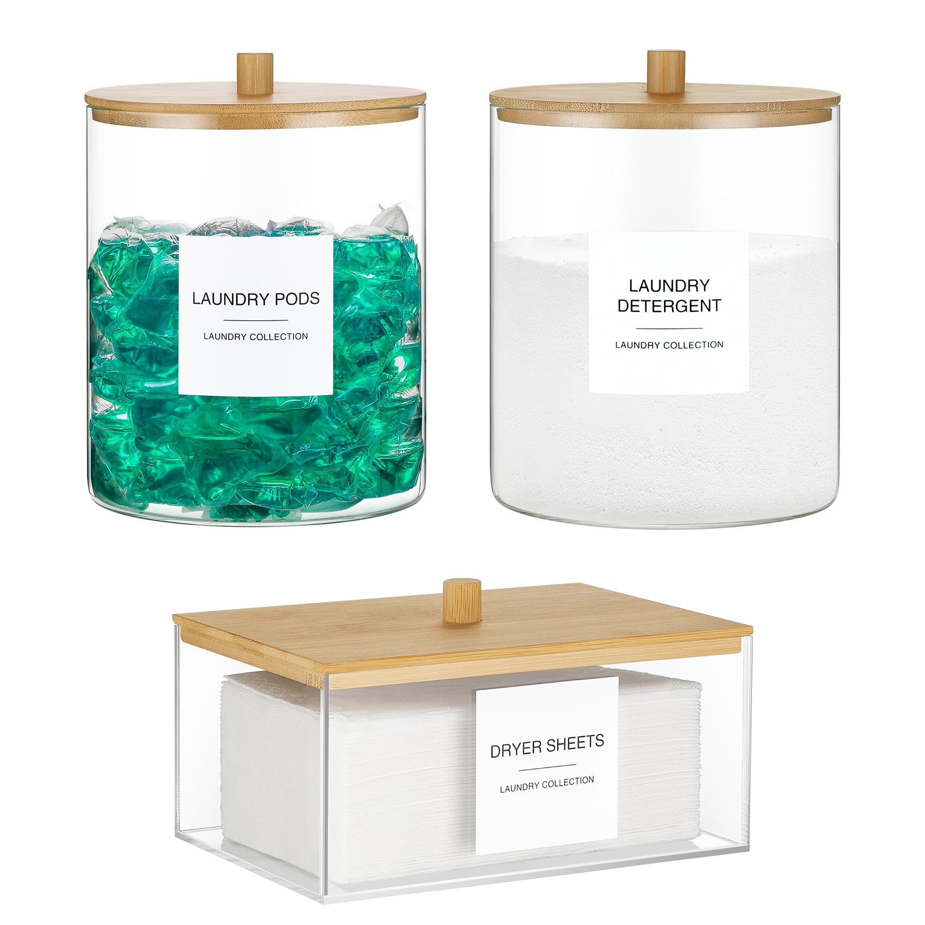 Glass Jars and Acrylic Dryer Sheet Holder, Laundry Pods Container with Bamboo Lid and 27 Labels, ... | Amazon (US)