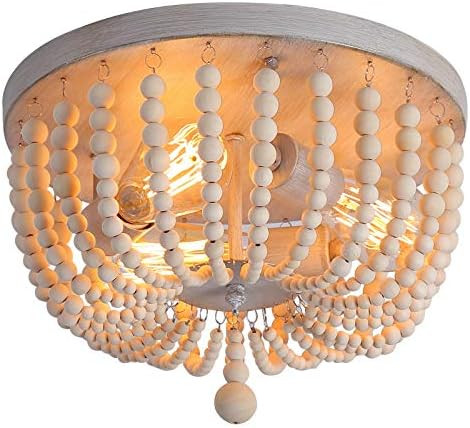 Q&S Wood Beaded Chandelier,Boho Farmhouse Light Fixture,Oak White,3 Lights,Semi Flush Mount Ceili... | Amazon (US)