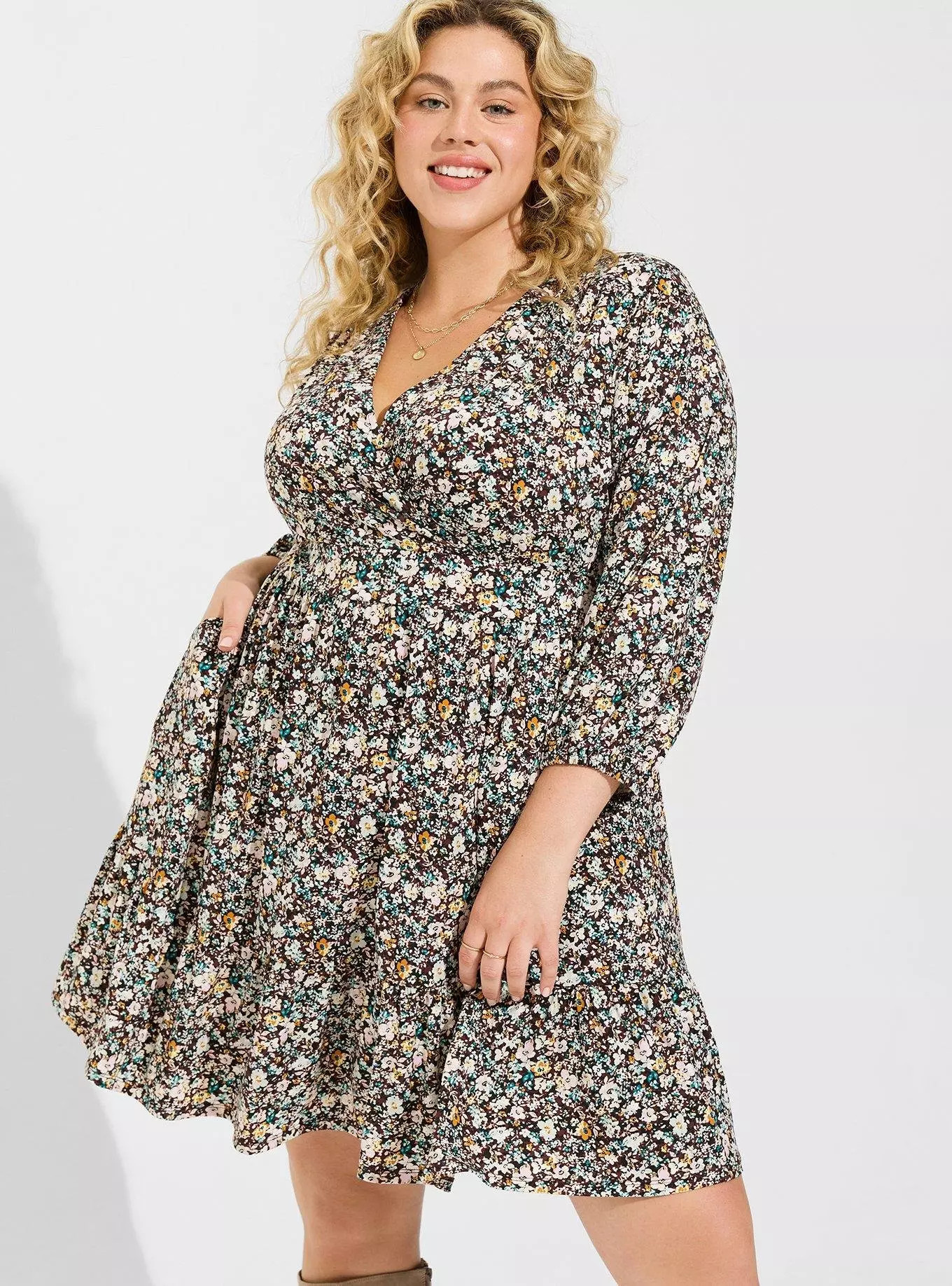 Mini Studio Knit Surplice Tiered Dress | Torrid (US & Canada)