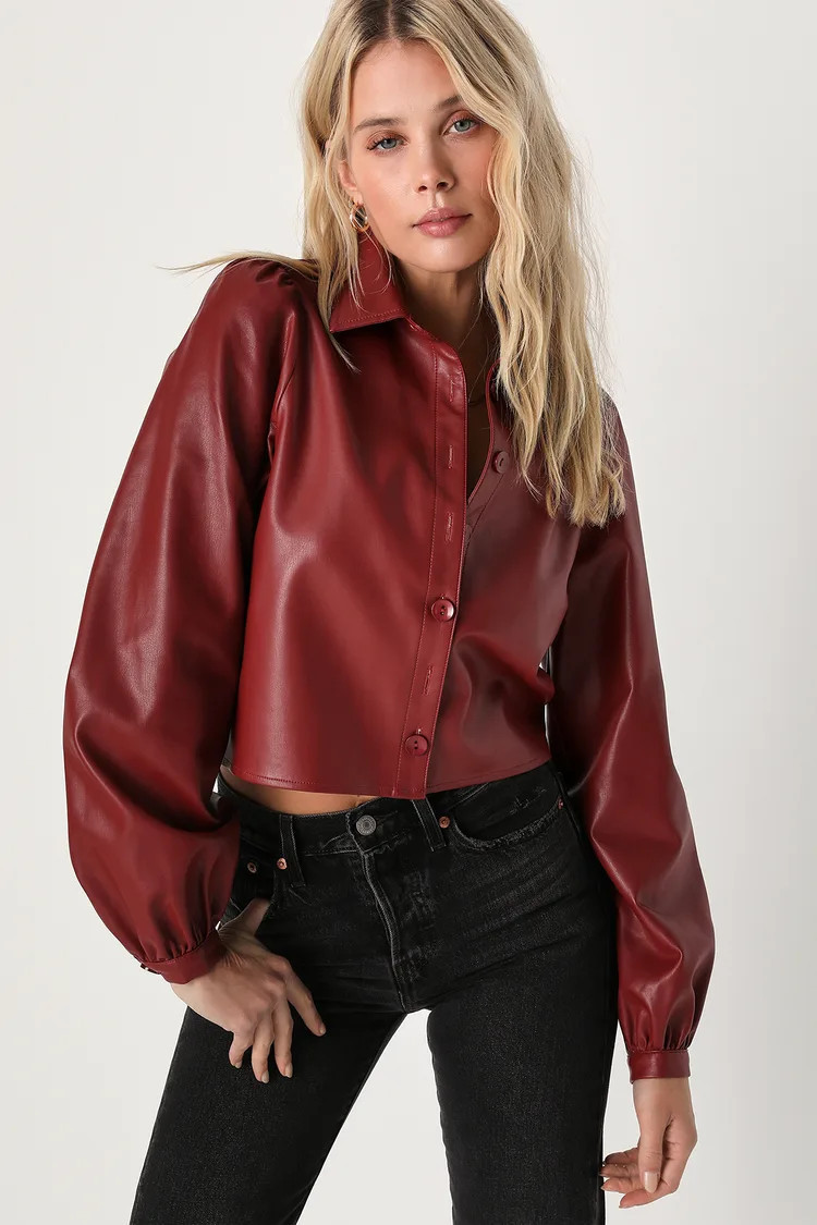 Burgundy Vegan Leather Button-Up Top | holiday tops holiday shirts dressy tops going out tops | Lulus (US)