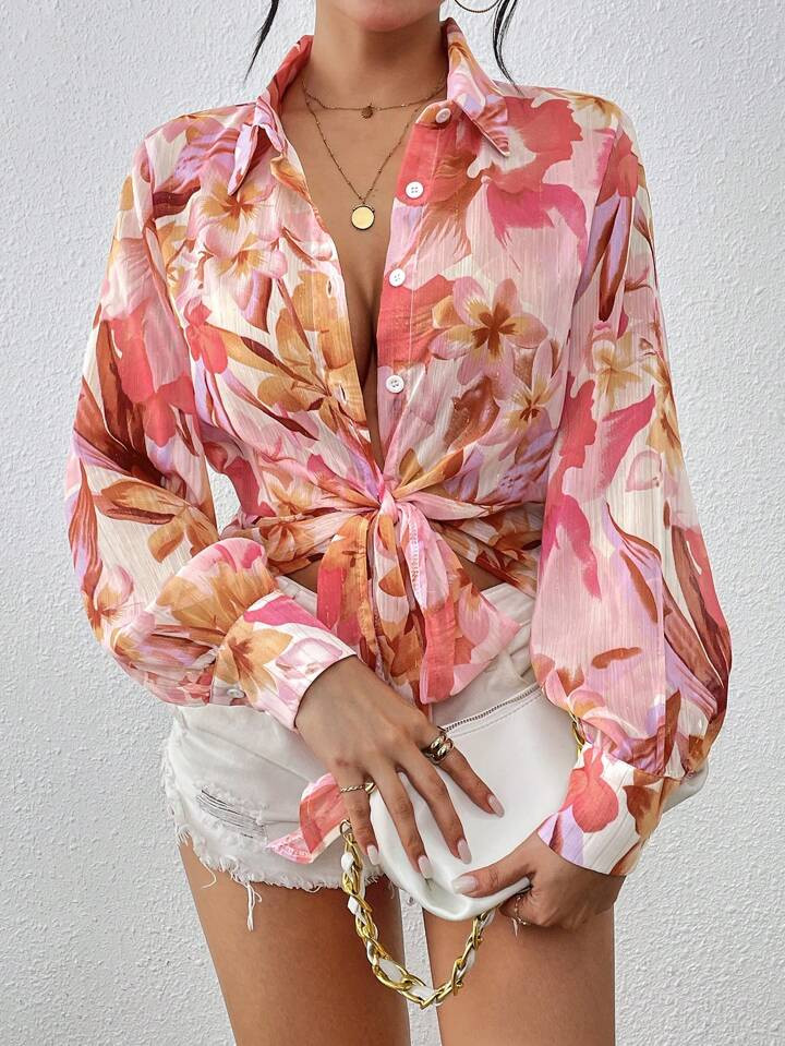 SHEIN Essnce Women's Floral Printed Lantern Sleeve Long Sleeve Shirt | SHEIN