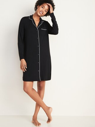 Long-Sleeve Jersey Piped-Trim Night Shirt for Women | Old Navy (US)