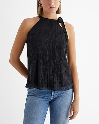 Metallic Tie Halter Neck Pleated Top | Express