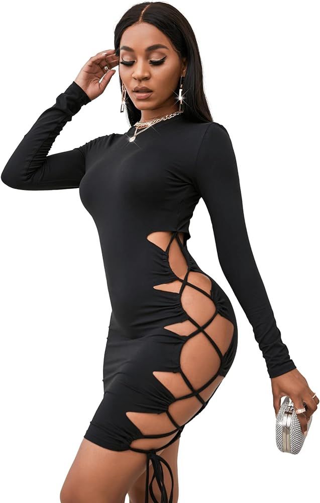 Verdusa Women's Cut Out Lace Up Side Long Sleeve Club Mini Bodycon Dress | Amazon (US)