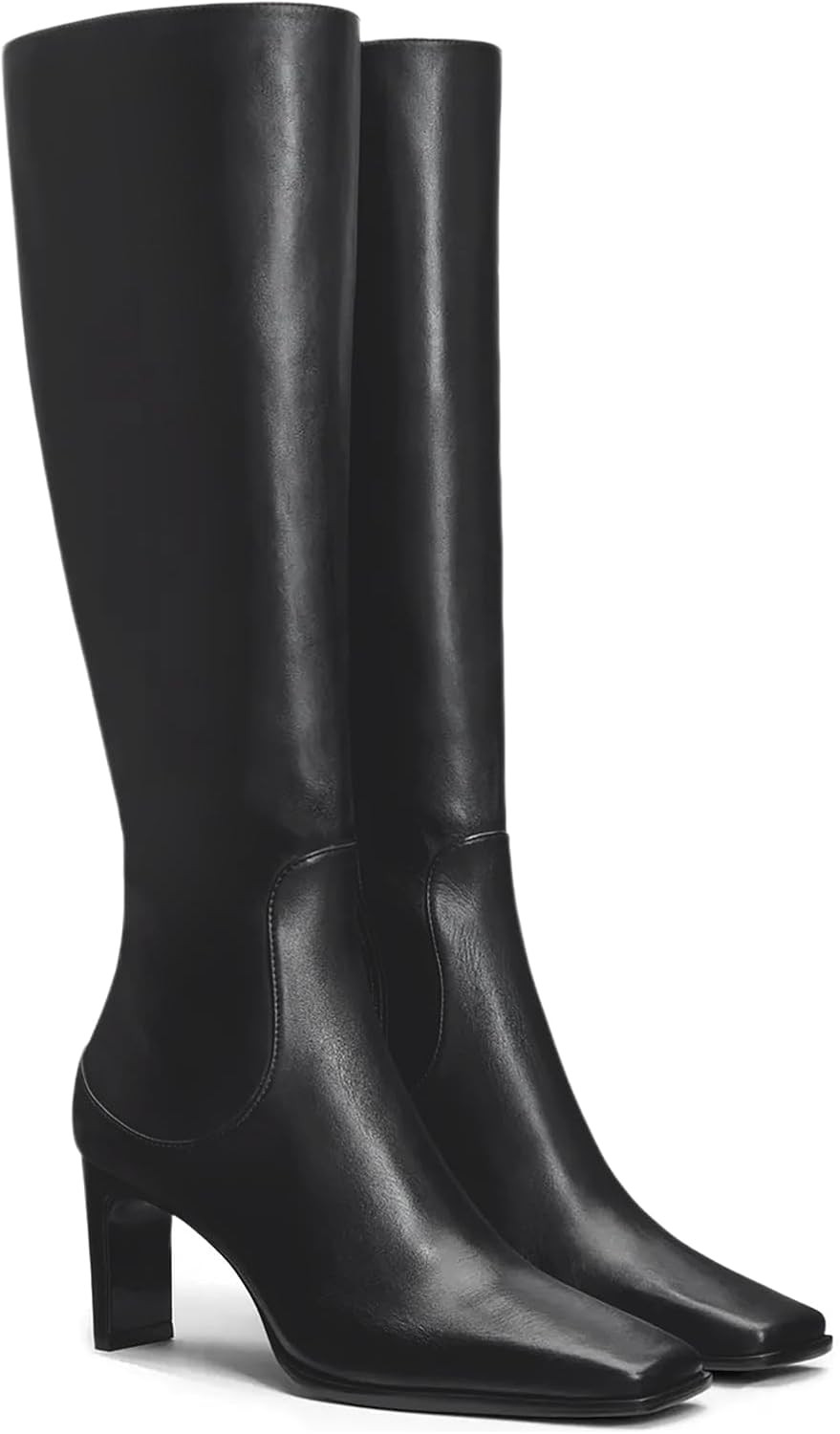 Coutgo Knee High Boots Women Square Toe Chunky Heel Zipper Dress Tall Boots | Amazon (US)