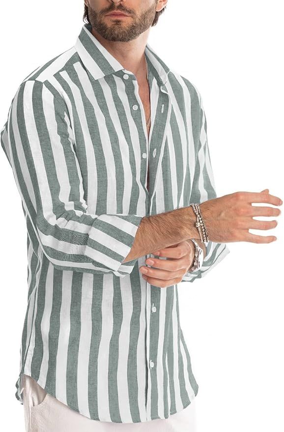 JMIERR Men's Cotton Shirts Casual Long Sleeve Button-Down Striped Dress Shirt | Amazon (US)