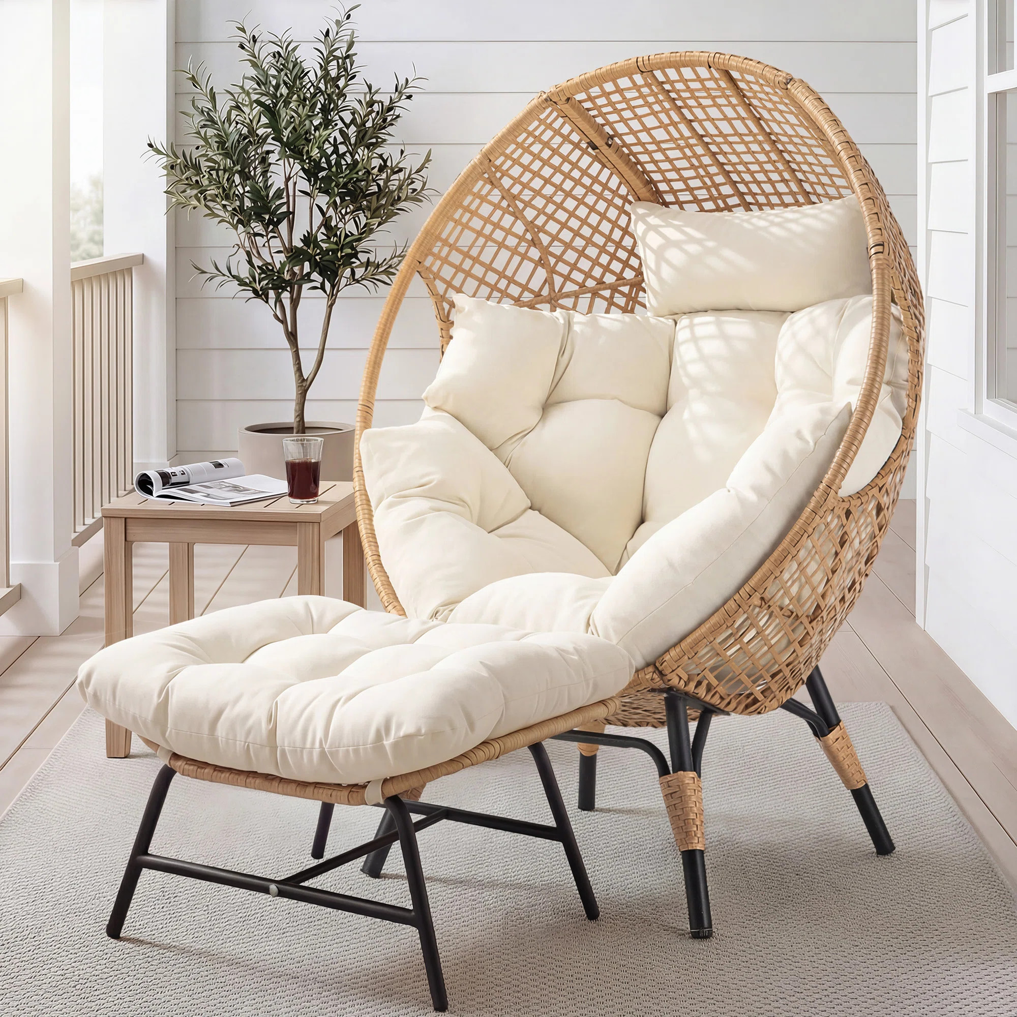 Benone Indoor/Outdoor Wicker Egg Chair Set with Ottoman, 6.5" Thick Cushions, 440-lb Capacity | Wayfair North America